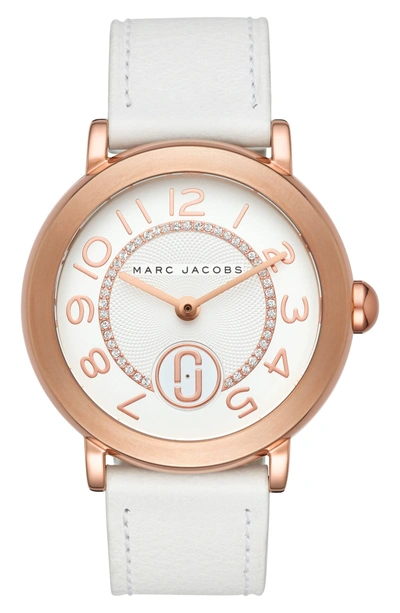 Shop Marc Jacobs Riley Leather Strap Watch, 37mm In White/ Rose Gold