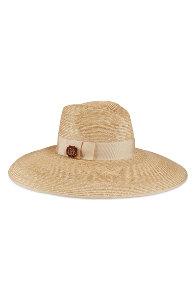 Shop Gucci Crystal Embellished Wide Brim Straw Hat - White In Sand/ White