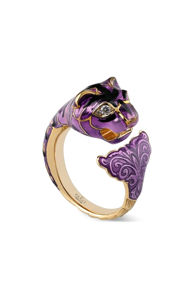 Shop Gucci Le Marche Feline Head Ring In Yellow Gold/ Violet