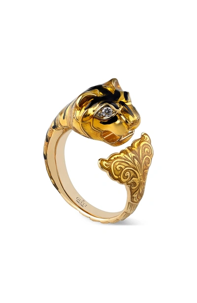 Shop Gucci Le Marche Feline Head Ring In Yellow Gold/ Red