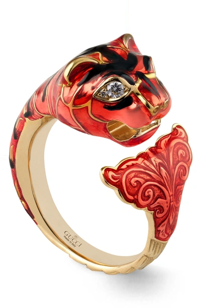 Shop Gucci Le Marche Feline Head Ring In Yellow Gold/ Red