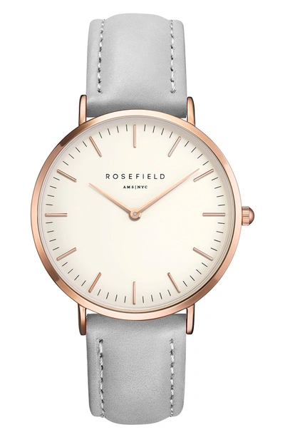Shop Rosefield Bowery Leather Strap Watch, 38mm In Grey/ White/ Rose Gold