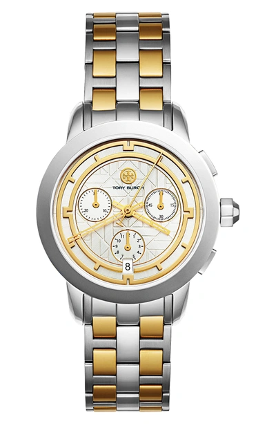 Shop Tory Burch Classic Chronograph Bracelet Watch, 37.5mm In Silver/ Ivory/ Gold
