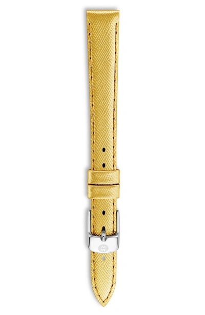Shop Michele 12mm Metallic Leather Watch Strap In Metallic Gold