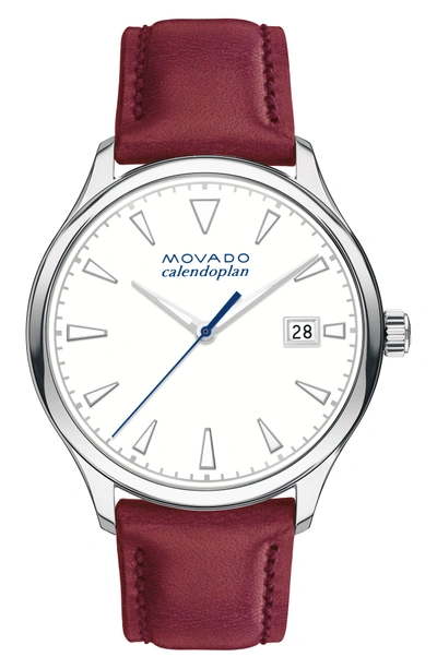 Shop Movado Heritage Calendoplan Leather Strap Watch, 36mm In Red/ White/ Stainless Steel