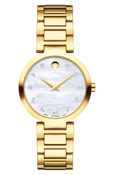 Shop Movado Modern Classic Diamond Bracelet Watch, 28mm In Gold/ Mop/ Gold