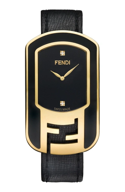 Shop Fendi 'chameleon' Leather Strap Watch, 29mm X 49mm In Black/ Gold