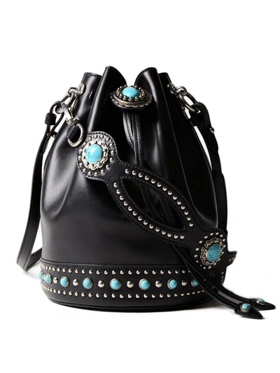 Prada Black Folk Leather Bucket Bag | ModeSens