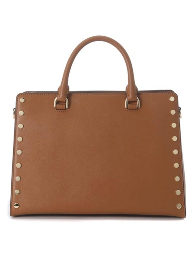Shop Michael Kors Sylvie Brown Leather Handbag With Studs In Marrone