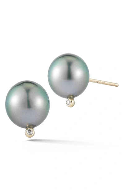 Shop Mizuki Pearl & Diamond Stud Earrings In Black Pearl