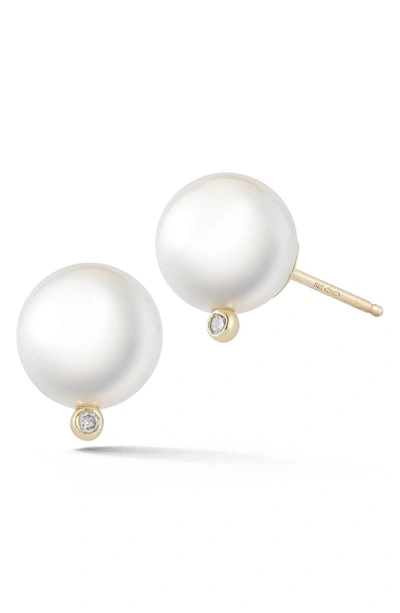 Shop Mizuki Pearl & Diamond Stud Earrings In White Pearl