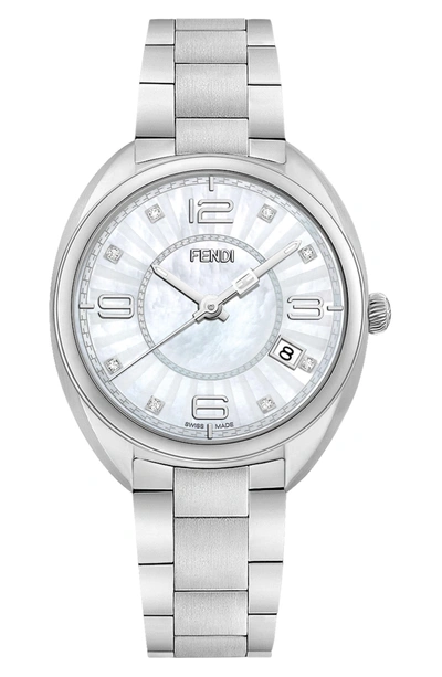 Shop Fendi Momento Diamond Bracelet Watch, 34mm In Silver/ Mop/ Silver