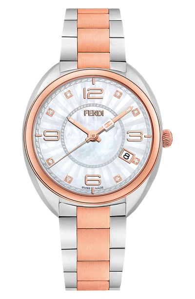 Shop Fendi Momento Diamond Bracelet Watch, 34mm In Silver/ Mop/ Rose Gold