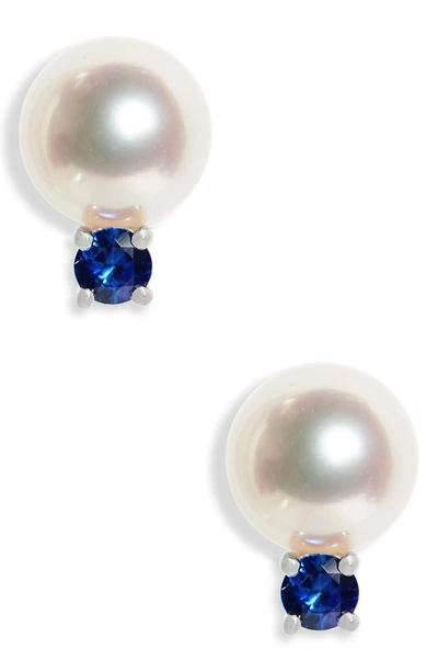 Shop Mikimoto Akoya Pearl & Sapphire Stud Earrings In White Gold