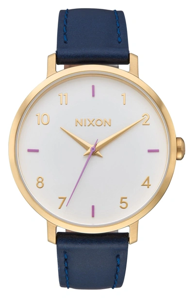 Shop Nixon The Arrow Leather Strap Watch, 38mm In Navy/ White/ Gold