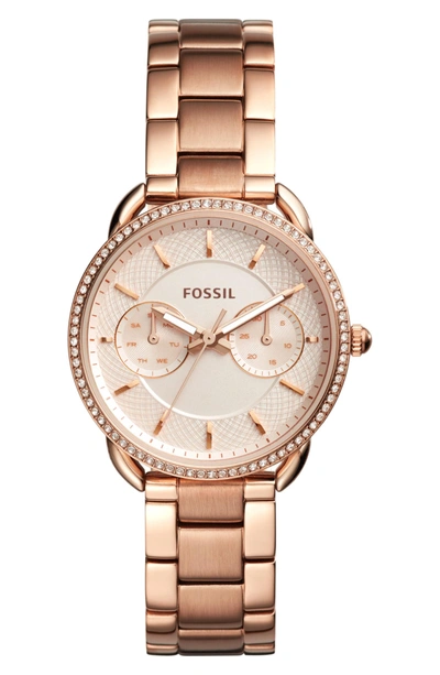 Shop Fossil Tailor Crystal Multifunction Bracelet Watch, 35mm In Rose Gold