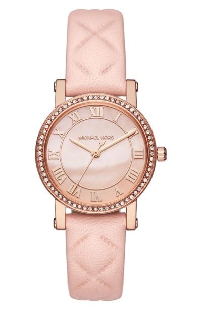 Shop Michael Michael Kors Petite Norie Crystal Accent Leather Strap Watch, 28mm In Pink/ Rose Gold
