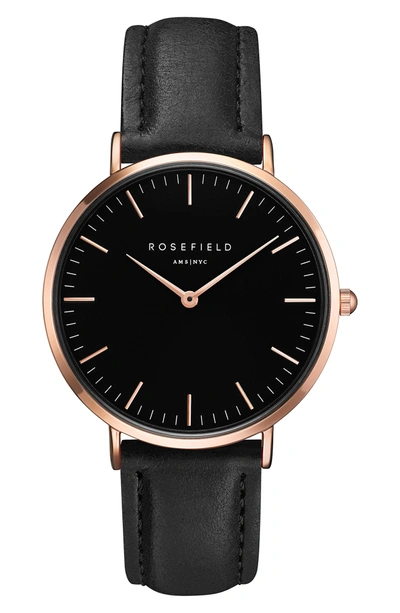 Shop Rosefield Bowery Leather Strap Watch, 38mm In Black/ Rose Gold