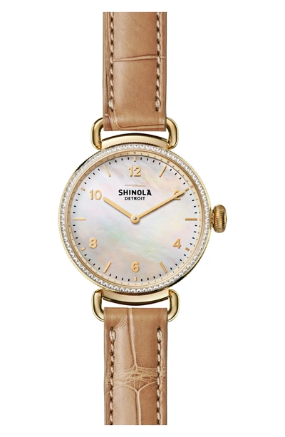 Shop Shinola Canfield Diamond Alligator Strap Watch, 32mm In Natural/ Mother Of Pearl/ Gold