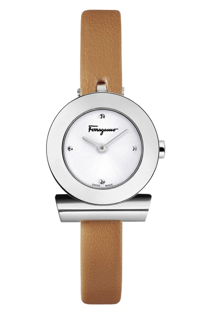 Shop Ferragamo Gancino Leather Bracelet Watch, 22mm In Brown/ Silver