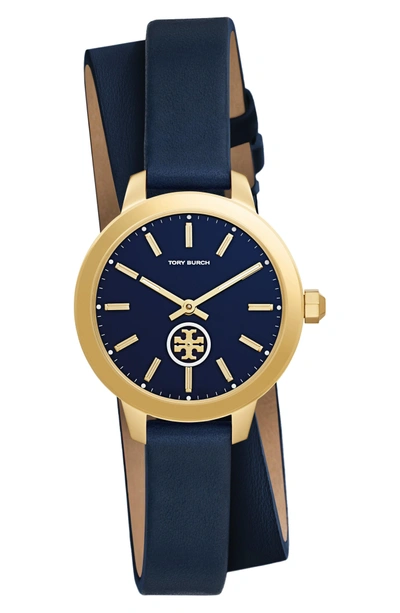 Shop Tory Burch Collins Double Wrap Leather Strap Watch, 32mm In Navy/ Gold