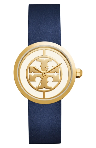 Shop Tory Burch Reva Logo Dial Leather Strap Watch, 36mm In Navy/ Ivory/ Gold