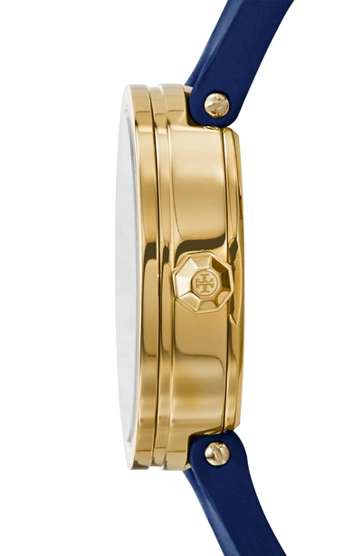 Shop Tory Burch Reva Logo Dial Leather Strap Watch, 36mm In Navy/ Ivory/ Gold