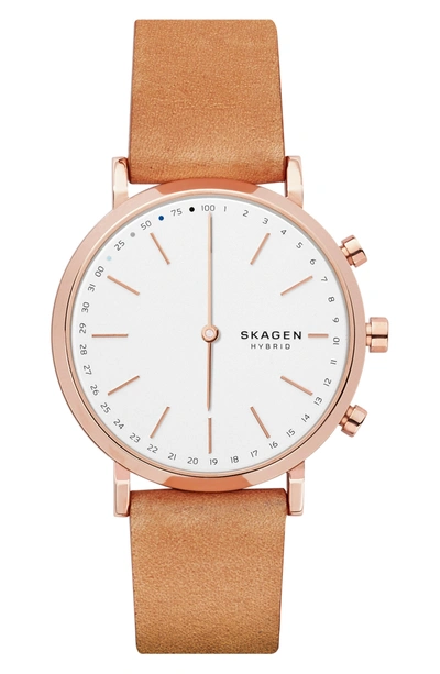 Shop Skagen Hald Hybrid Leather Strap Smart Watch, 40mm In Brown/ White/ Rose Gold