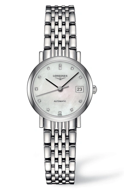 Shop Longines Elegant Automatic Diamond Bracelet Watch, 25.5mm In Silver/ Mop/ Silver