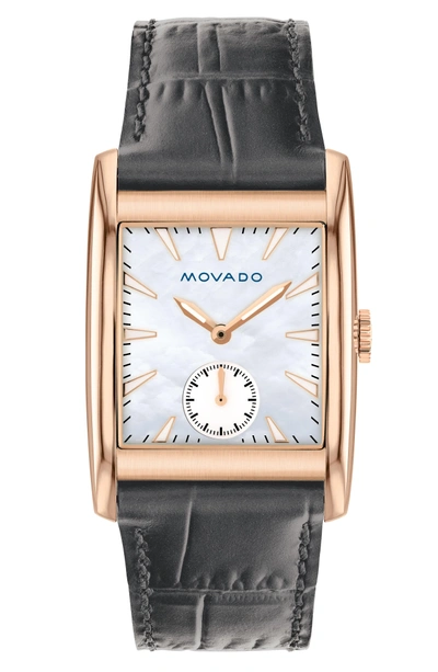 Shop Movado Heritage Leather Strap Watch, 38mm In Grey/ Mop/ Rose Gold