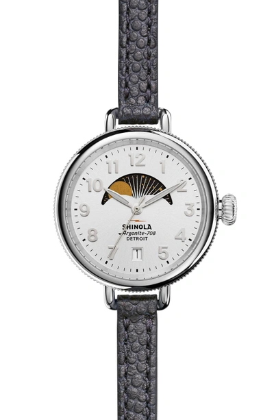Shop Shinola The Birdy Moon Phase Leather Strap Watch, 34mm In Navy/ Silver