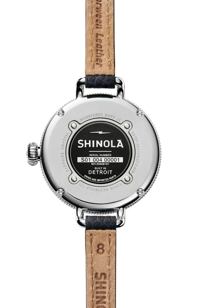 Shop Shinola The Birdy Moon Phase Leather Strap Watch, 34mm In Navy/ Silver