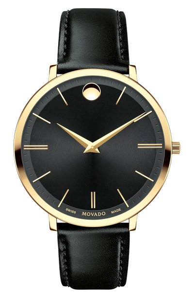 Shop Movado Ultra Slim Leather Strap Watch, 35mm In Black/ Gold