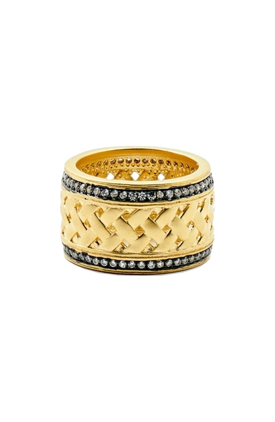 Shop Freida Rothman Textured Ornaments Wide Band Ring In Black/ Gold