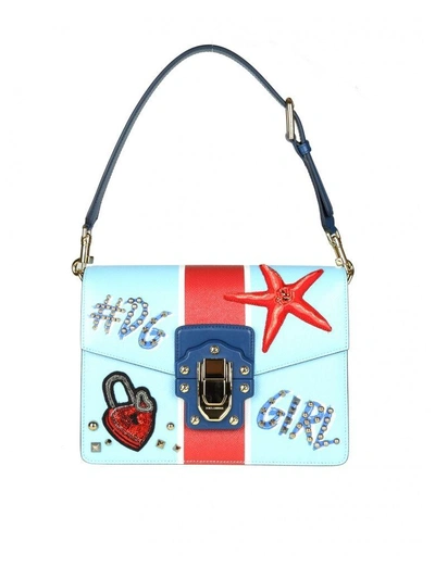 Shop Dolce & Gabbana Shoulder Bag In Printed Calf Leather With Embroidery In Light Blue