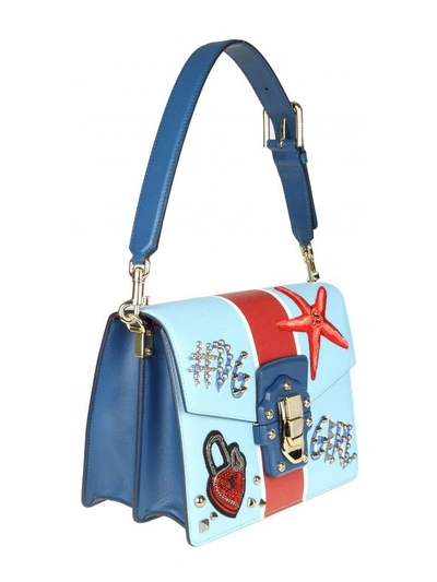 Shop Dolce & Gabbana Shoulder Bag In Printed Calf Leather With Embroidery In Light Blue
