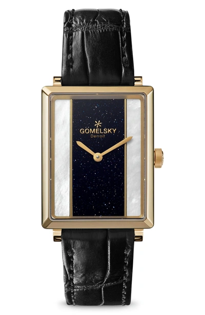 Shop Gomelsky The Shirley Fromer Alligator Strap Watch, 32mm X 25mm In Black/ Mop Sandstone/ Gold
