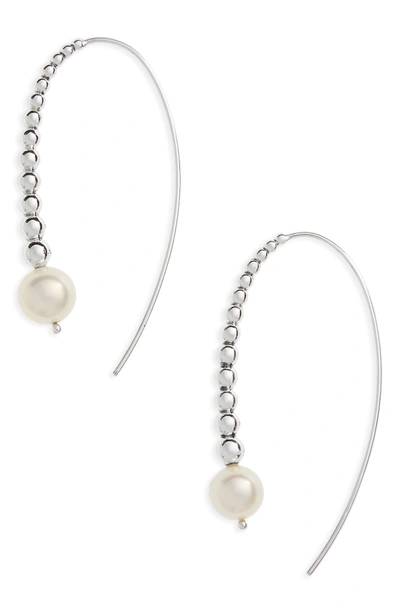 Shop Lagos Threader Pearl Earrings In Silver/ Black