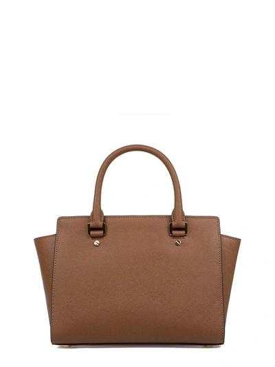 Shop Michael Kors Luggage Medium Selma Satchel Saffiano Leather Top Handle Bag In Brown