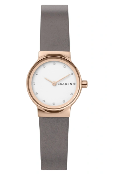 Shop Skagen Freja Crystal Accent Leather Strap Watch, 26mm In Grey/ White/ Rose Gold