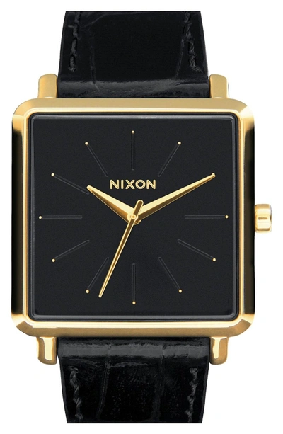 Shop Nixon 'the K Squared' Leather Strap Watch, 32mm X 30mm In Black/ Gold