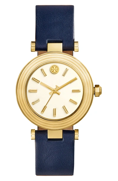 Shop Tory Burch Classic-t Leather Strap Watch, 36mm In Navy/ Ivory/ Gold