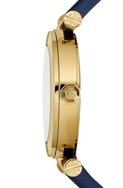 Shop Tory Burch Classic-t Leather Strap Watch, 36mm In Navy/ Ivory/ Gold