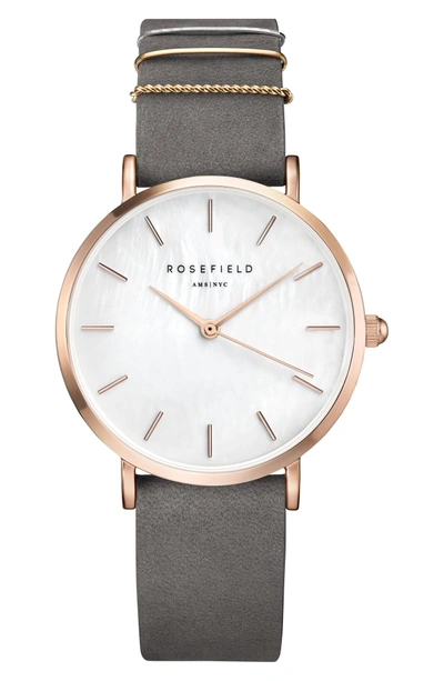 Shop Rosefield West Village Leather Strap Watch, 33mm In Grey/ White Pearl/ Rose Gold