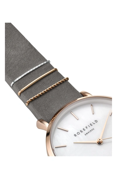 Shop Rosefield West Village Leather Strap Watch, 33mm In Grey/ White Pearl/ Rose Gold