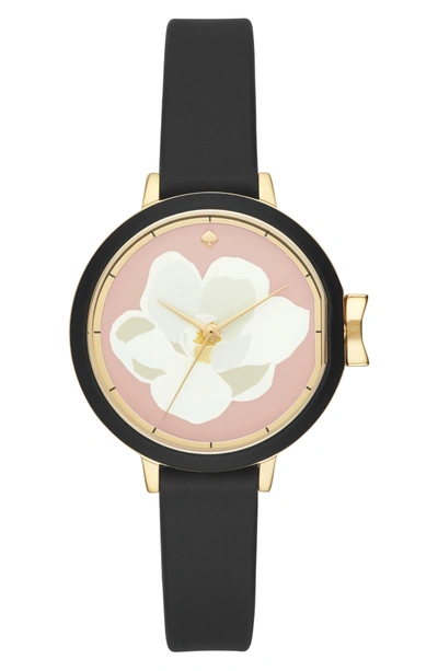 Shop Kate Spade Park Row Silicone Strap Watch, 34mm In Black/ Pink/ Gold