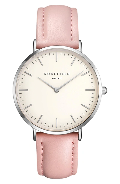 Shop Rosefield Bowery Leather Strap Watch, 38mm In Pink/ White/ Silver
