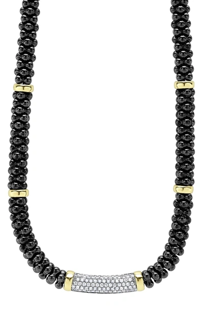 Shop Lagos 'black Caviar' 7mm Beaded Diamond Bar Necklace In Black Caviar/ Gold