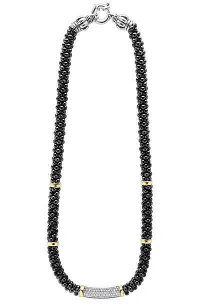 Shop Lagos 'black Caviar' 7mm Beaded Diamond Bar Necklace In Black Caviar/ Gold