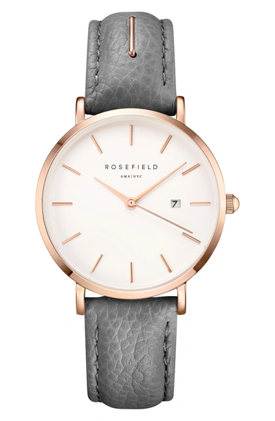 Shop Rosefield The September Issue Leather Strap Watch, 33mm In Grey/ Rose Gold